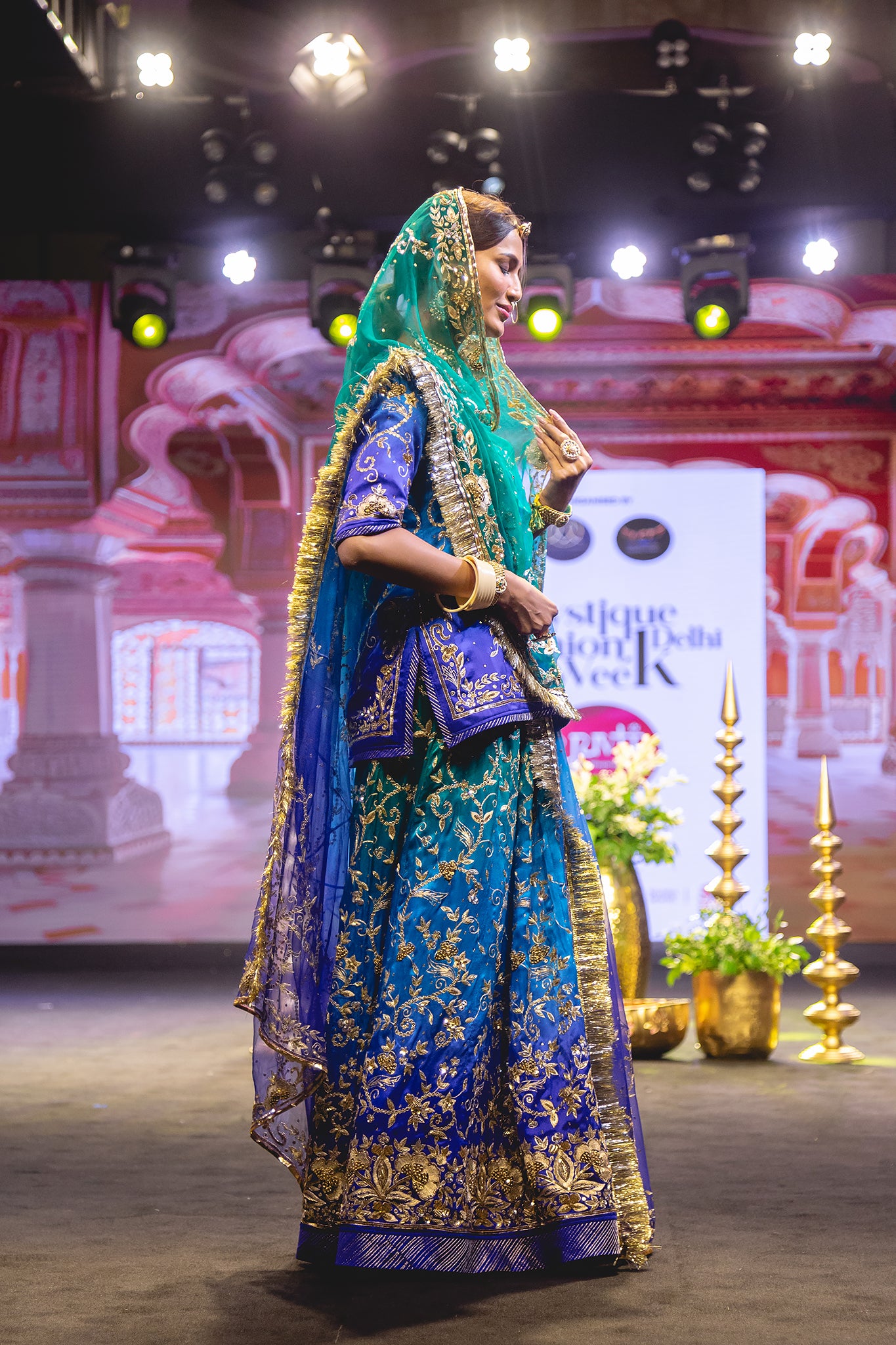 Peacock Shaded Pure Satin Aari Tari Zardozi  Handwork  Poshak With Pure Odhana  (Unstitched)