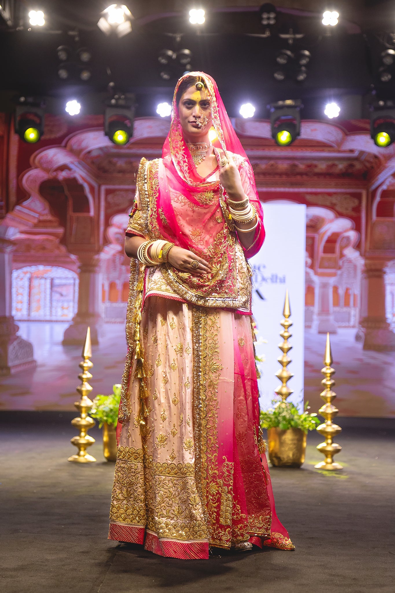 Peach Pink Shaded Pure Satin Salma Tari Dabka Handwork  Poshak With Pure Odhana  (Unstitched)