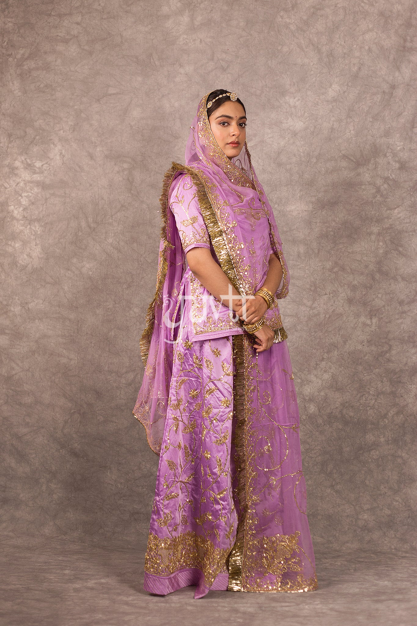 Lavender bamber satin Zardosi Dori Dabka  Handwork Rajputi Poshak  with Pure odhna