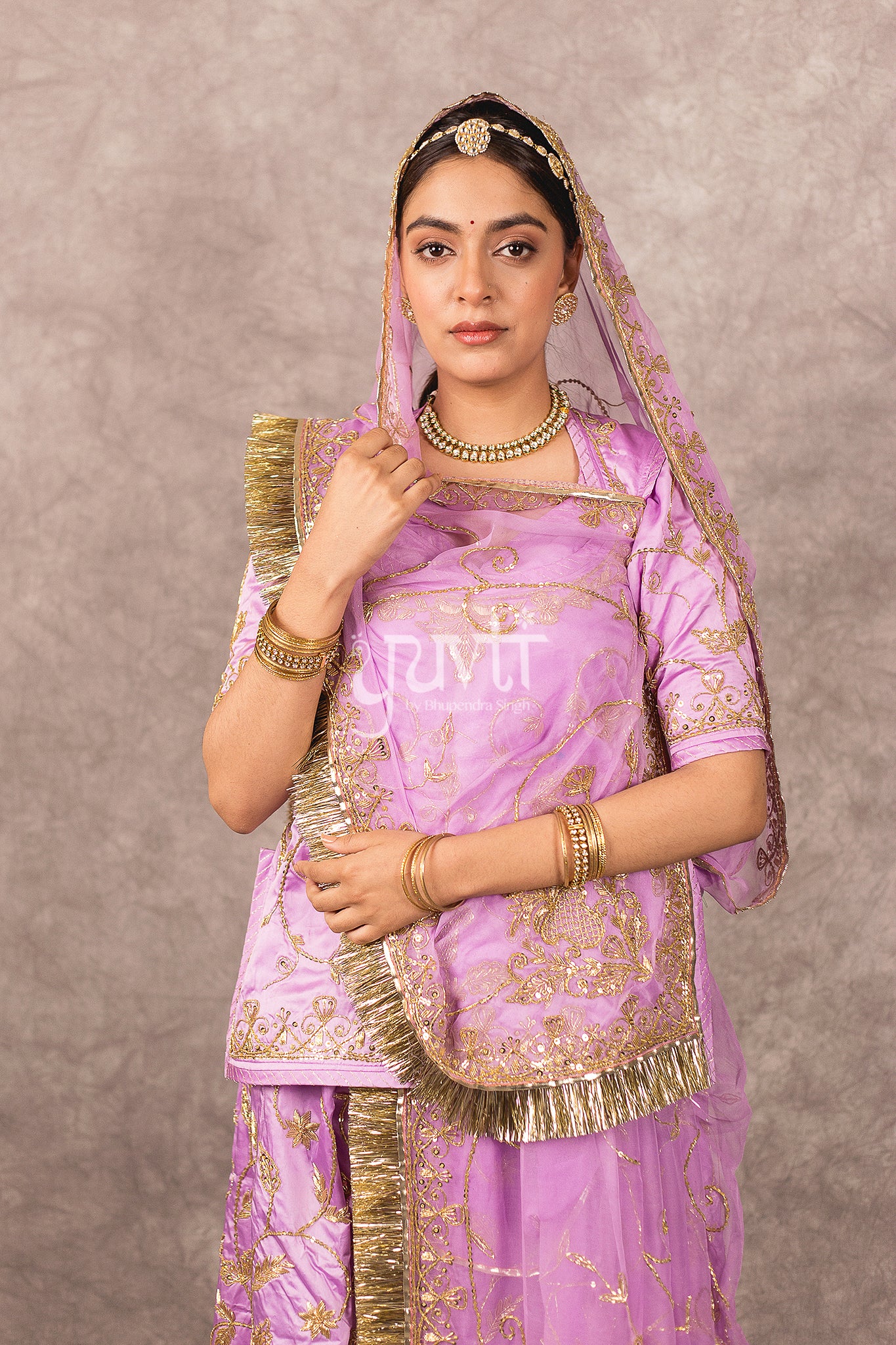 Lavender bamber satin Zardosi Dori Dabka  Handwork Rajputi Poshak  with Pure odhna