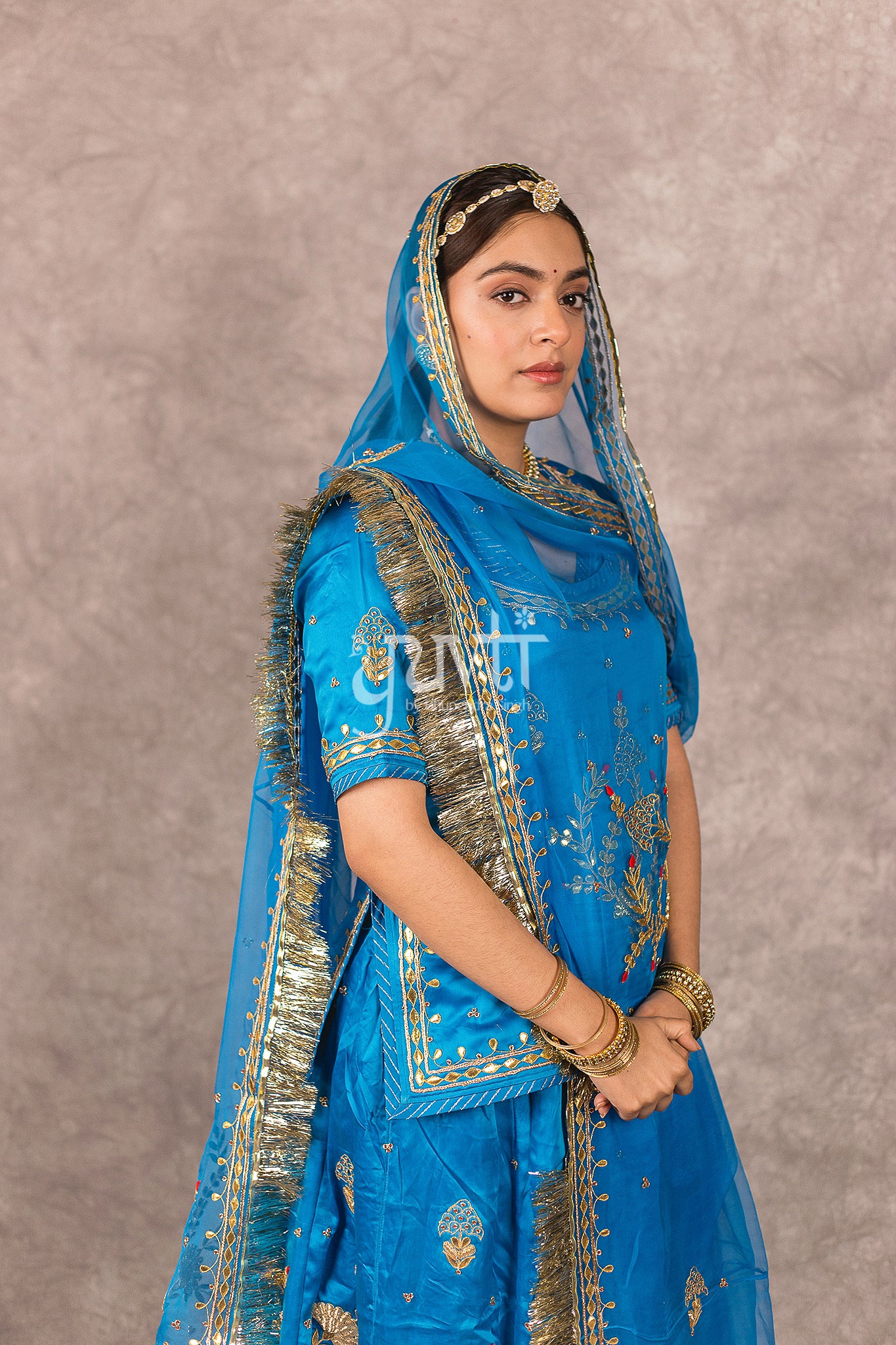 Blue Bamber Satin Gota Patti Zardosi Handwork Rajputi Poshak