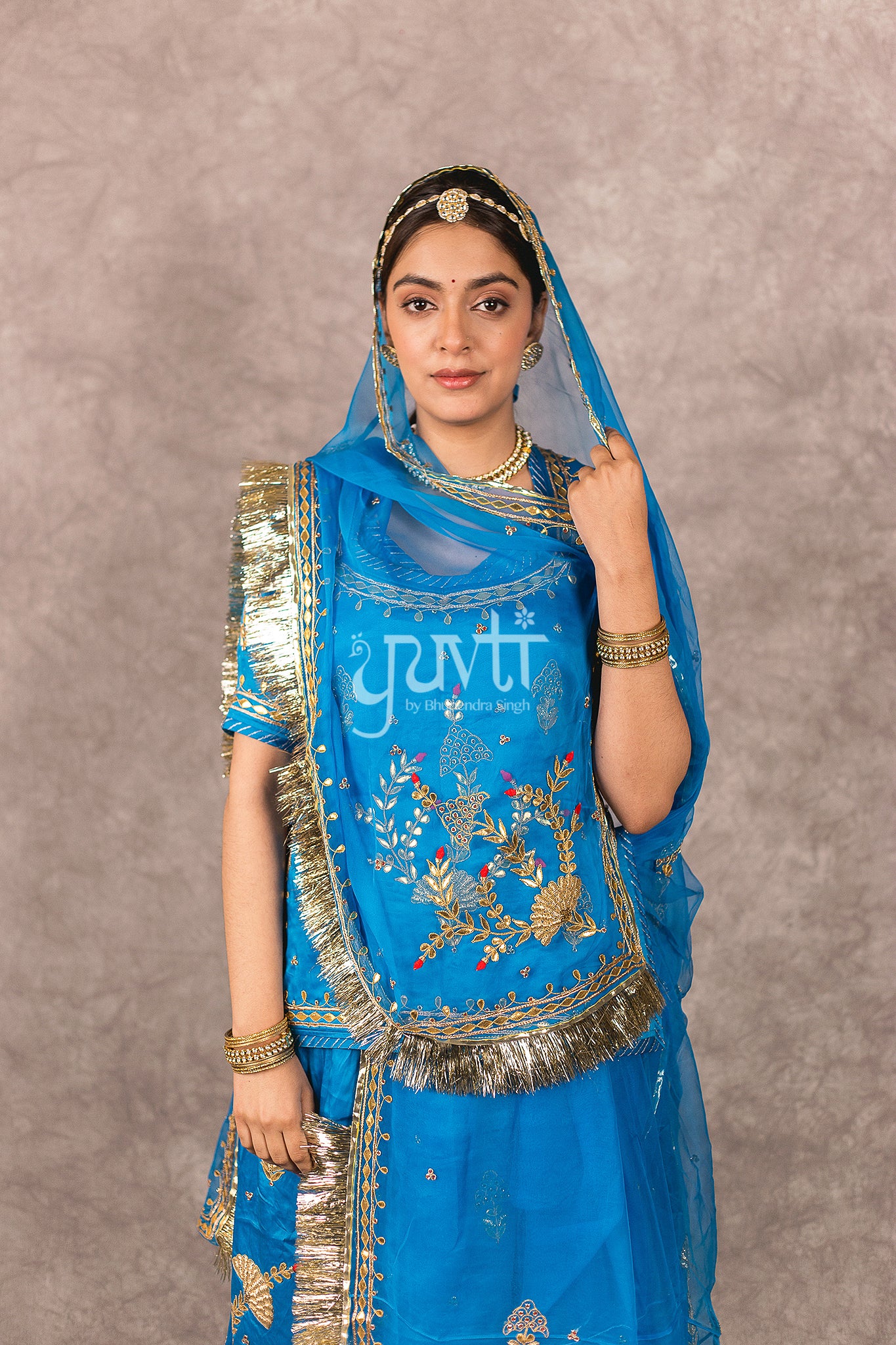 Blue Bamber Satin Gota Patti Zardosi Handwork Rajputi Poshak