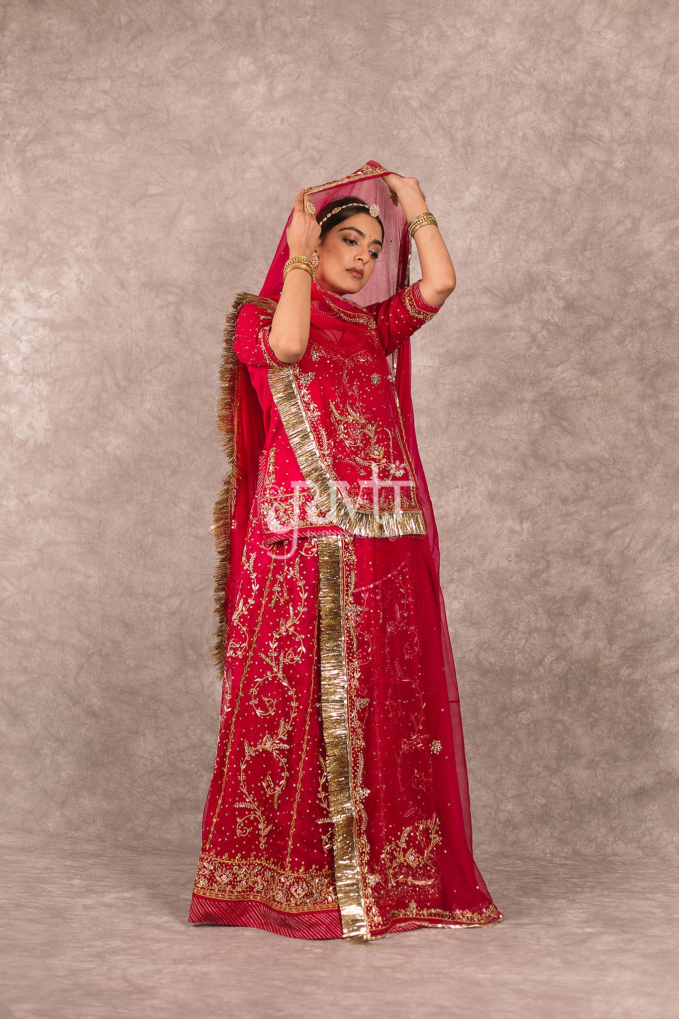 Red Pure Georgette Kundan Dori Dabka Rajputi Poshak