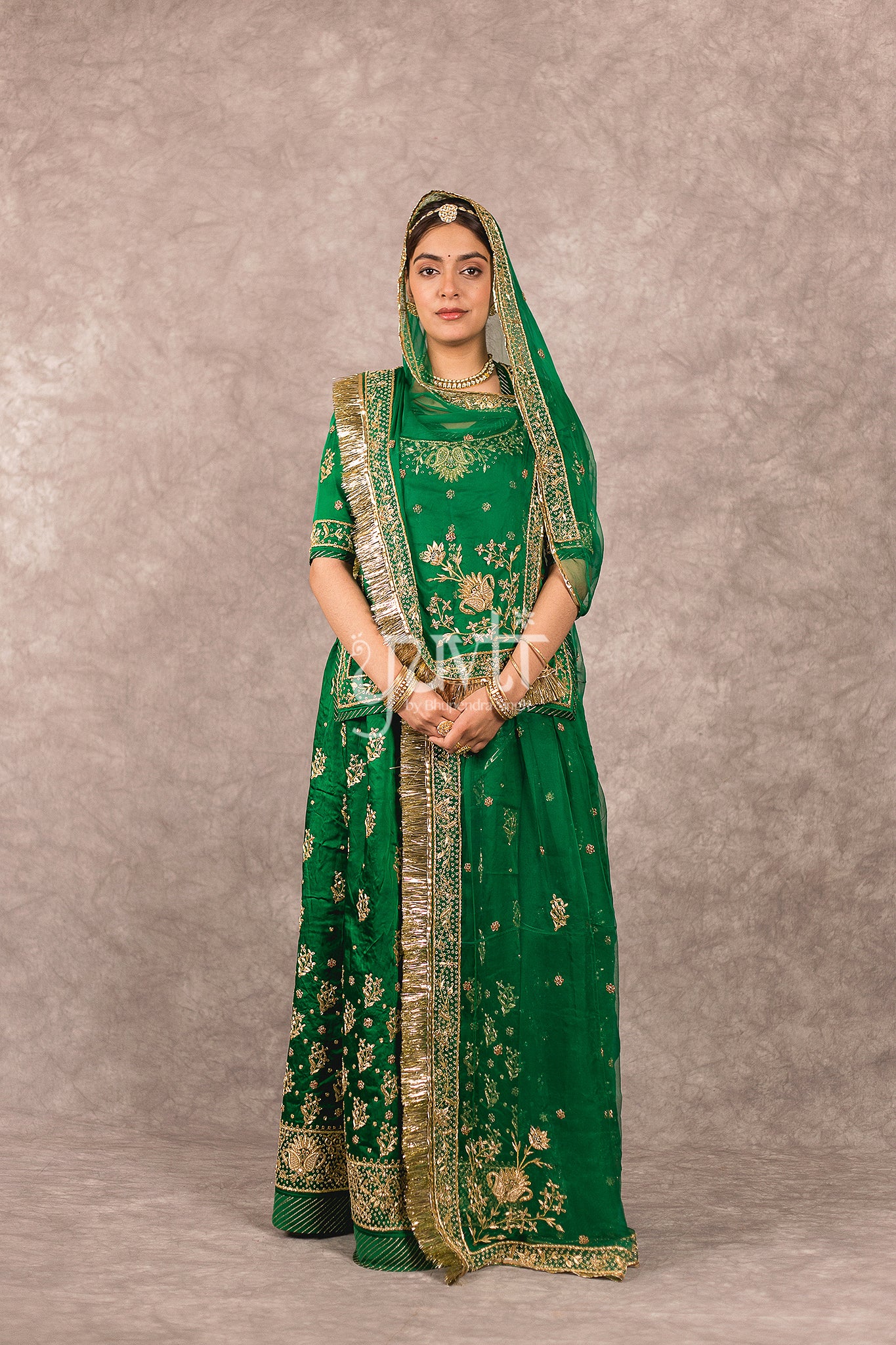 Bottle Green  bamber satin Zardosi  Handwork Rajputi Poshak  with Pure odhna