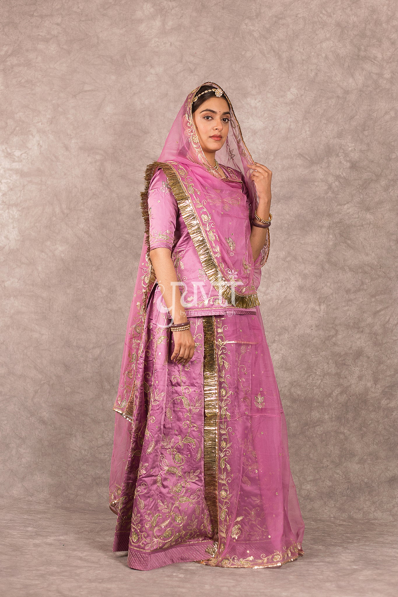 Lavender Bamber Satin Aari Salma Work Rajputi Poshak