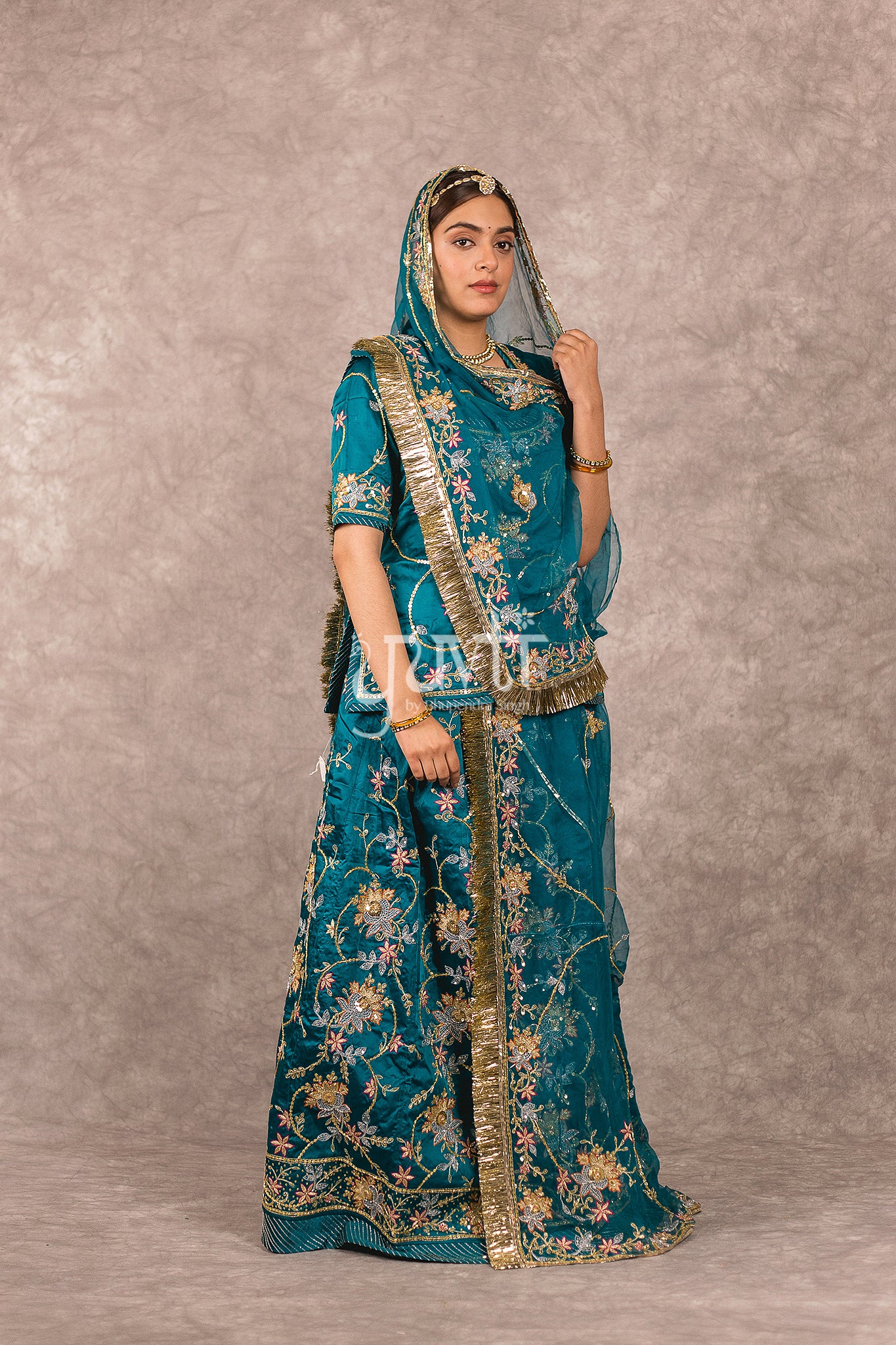 Rama Green bamber satin Aari Resham Sequins Handwork Rajputi Poshak  with Pure odhna