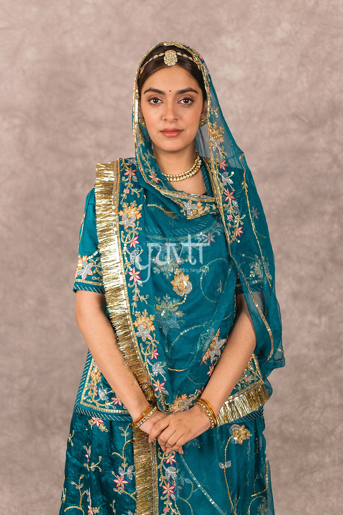 Rama Green bamber satin Aari Resham Sequins Handwork Rajputi Poshak  with Pure odhna