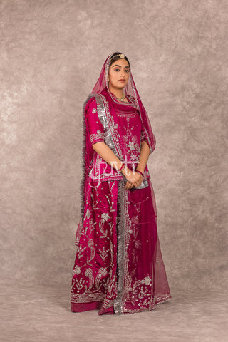 Wine Bamber Satin Zardozi work Poshak