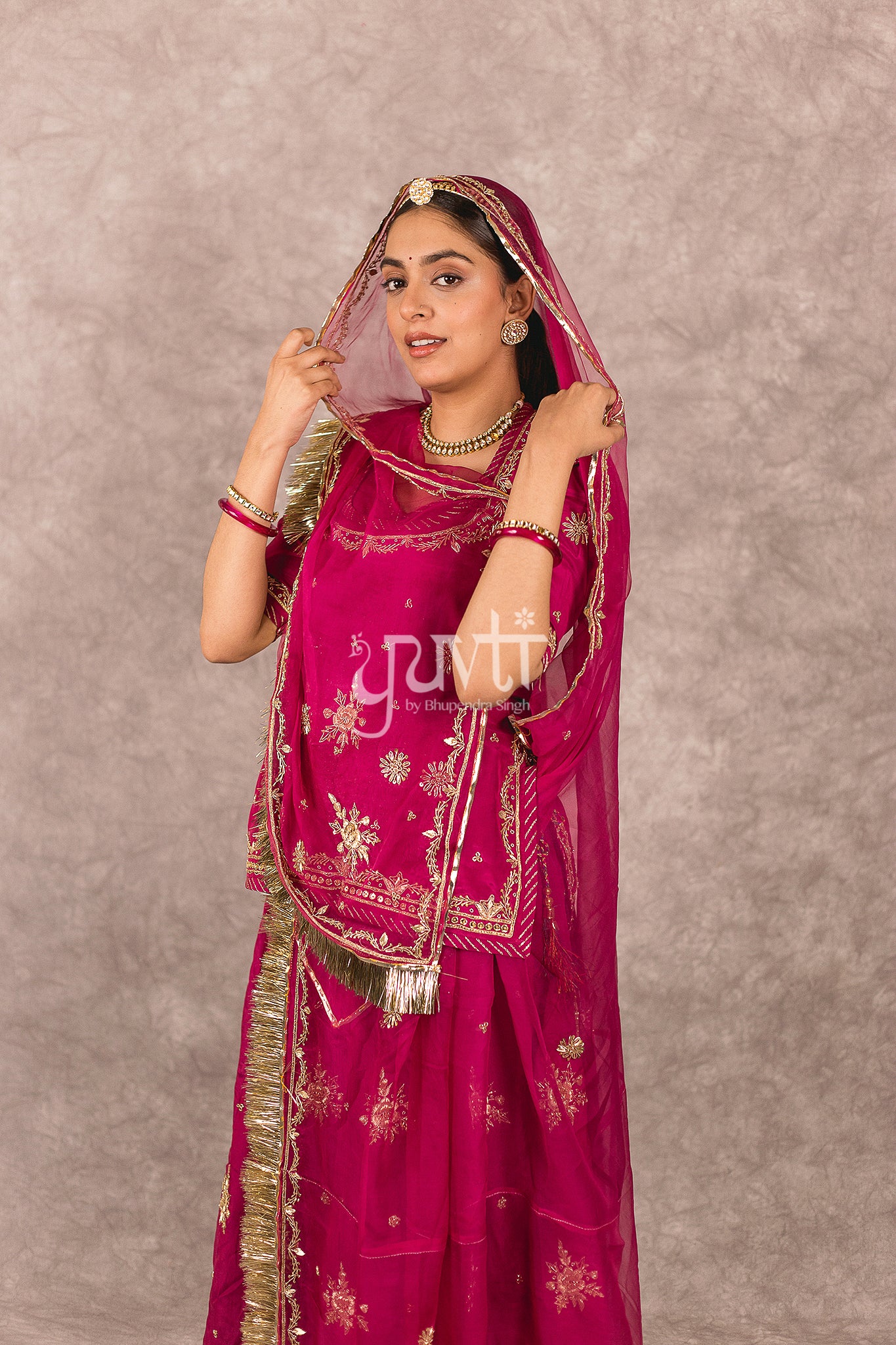 Wine Bamber Satin Zardosi Boota Work Rajputi Poshak