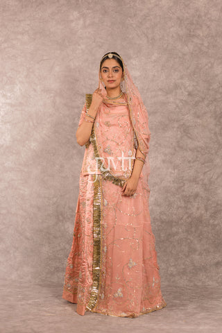 Peach Bamber Satin Zardozi Salma work Poshak