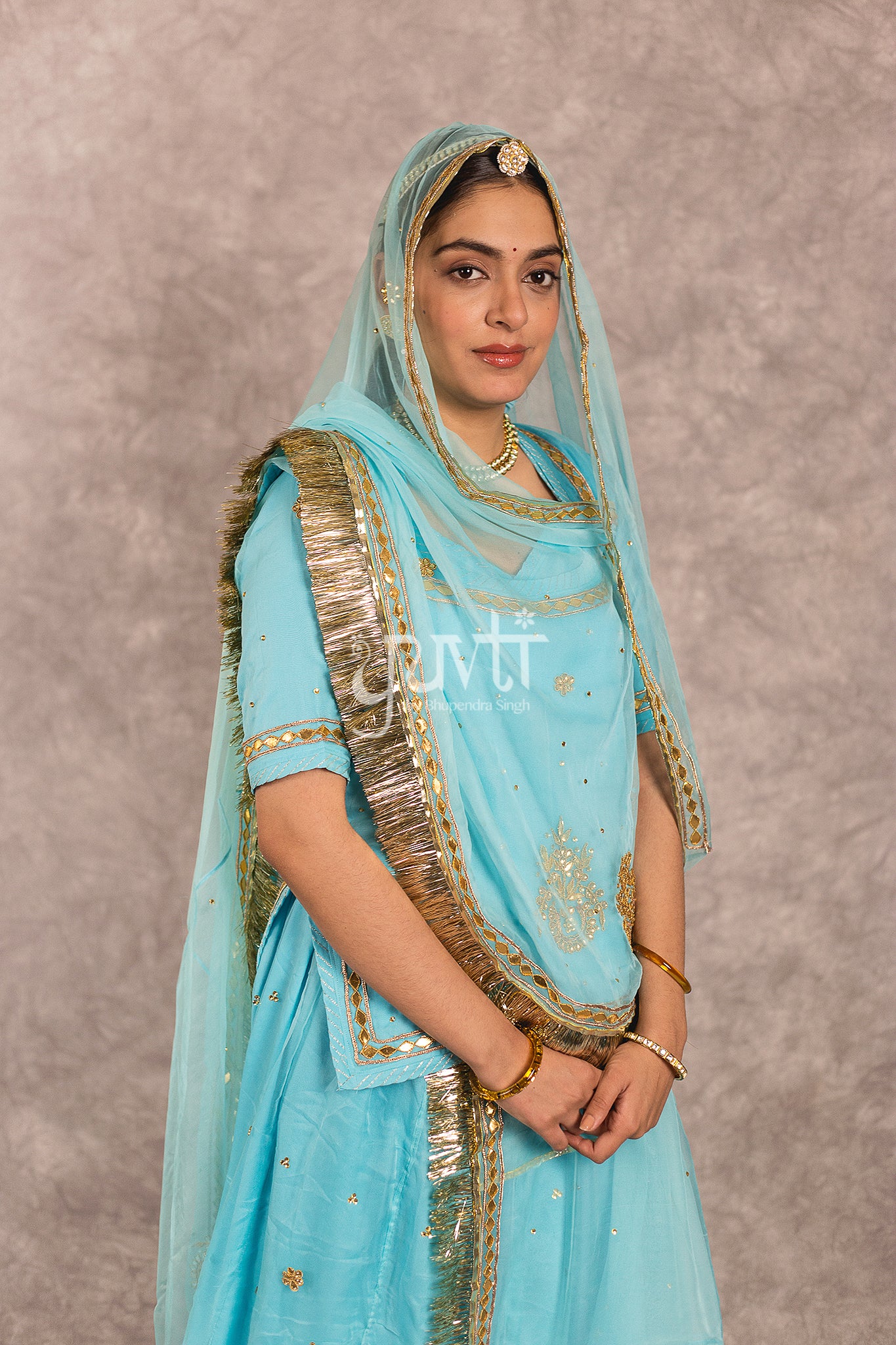Sky Blue Pure Georgette Gota Patti Work Rajputi Poshak