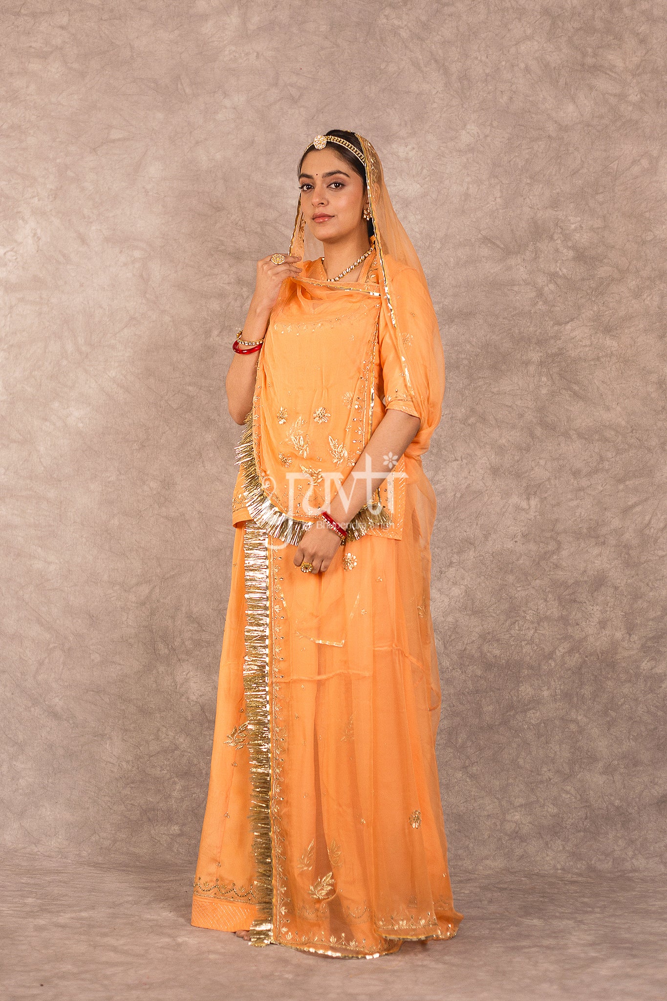 Dark Peach Crepe Kundan Work Rajputi Poshak