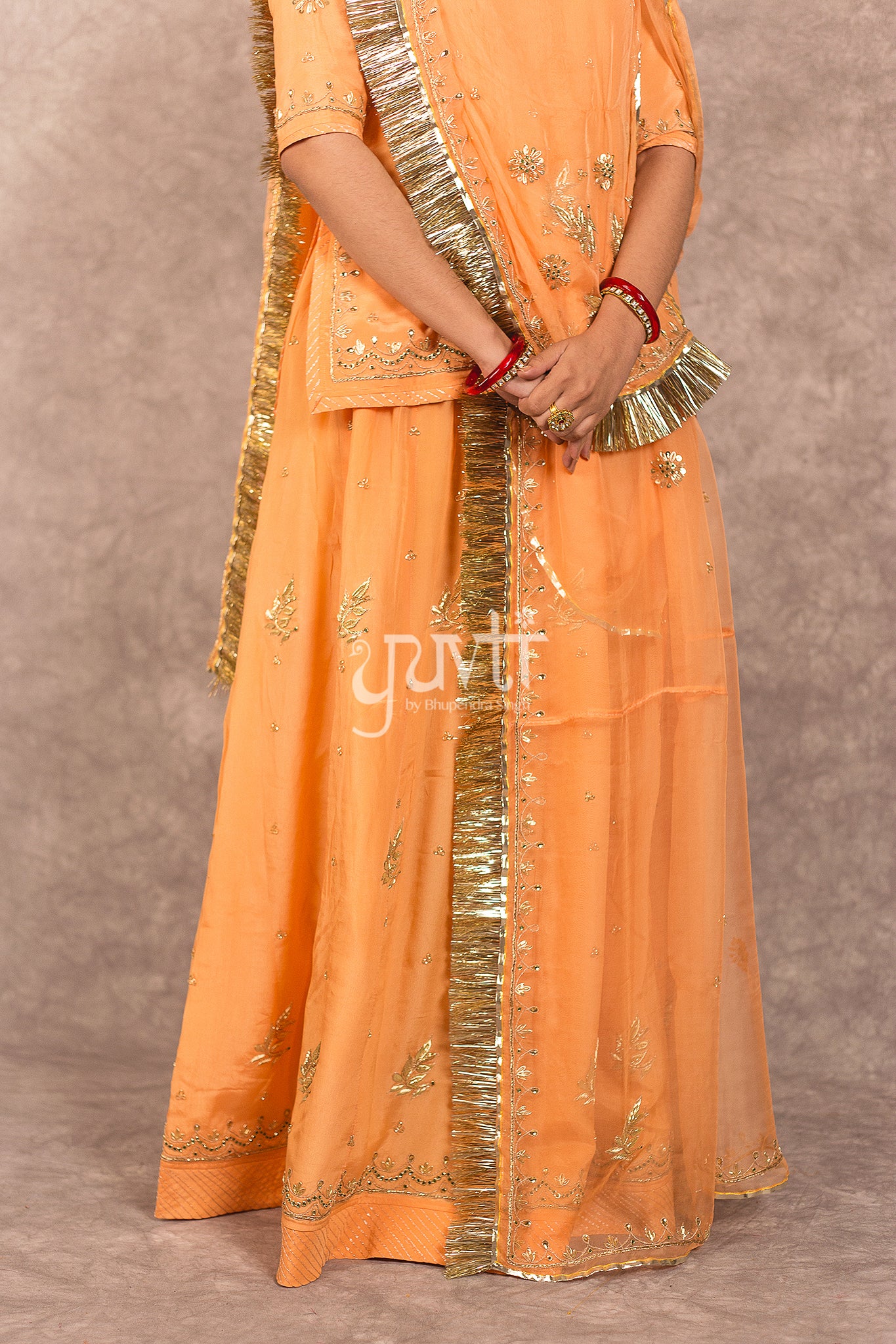 Dark Peach Crepe Kundan Work Rajputi Poshak