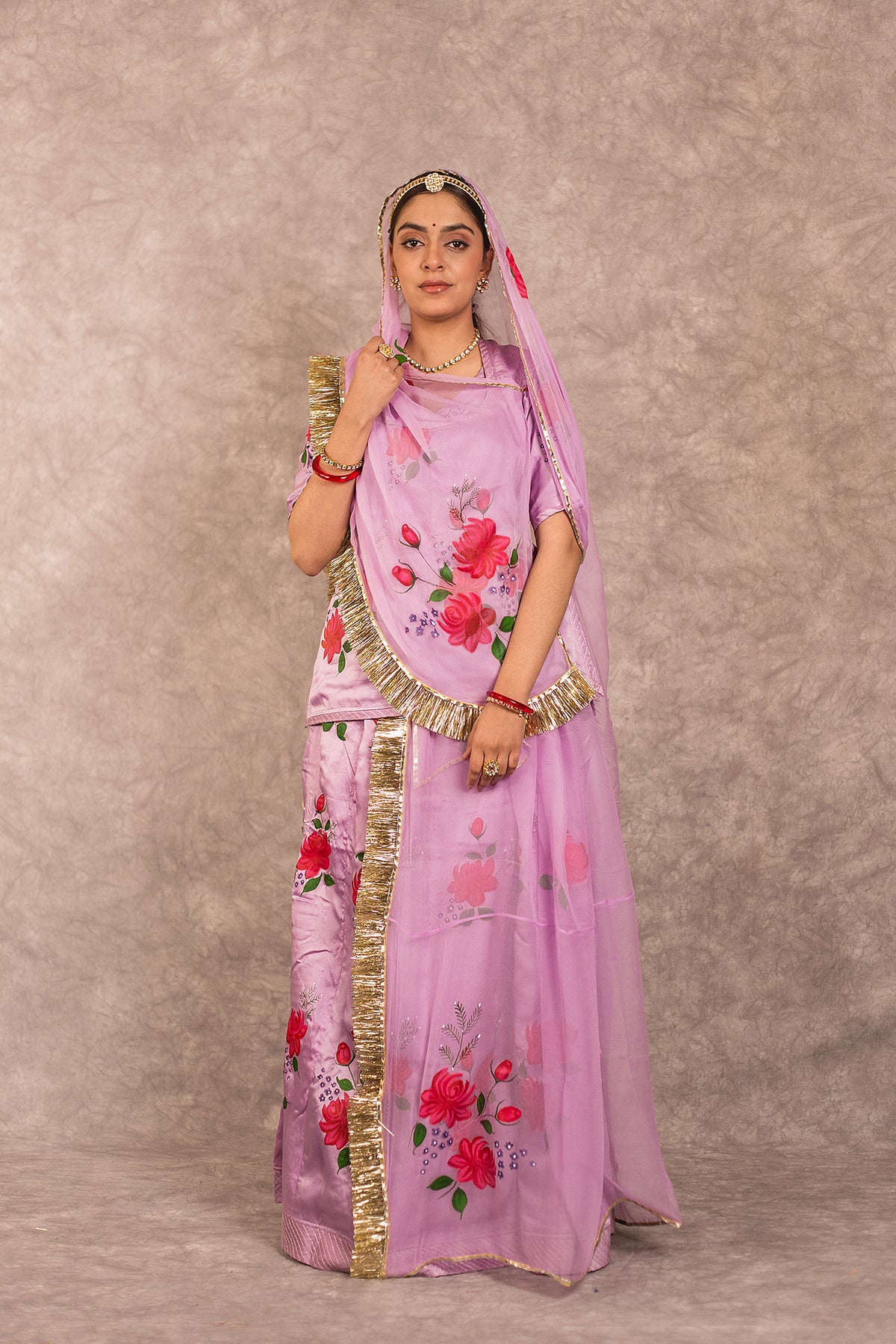 Lavender Handpainted Bamber Satin Rajputi Poshak