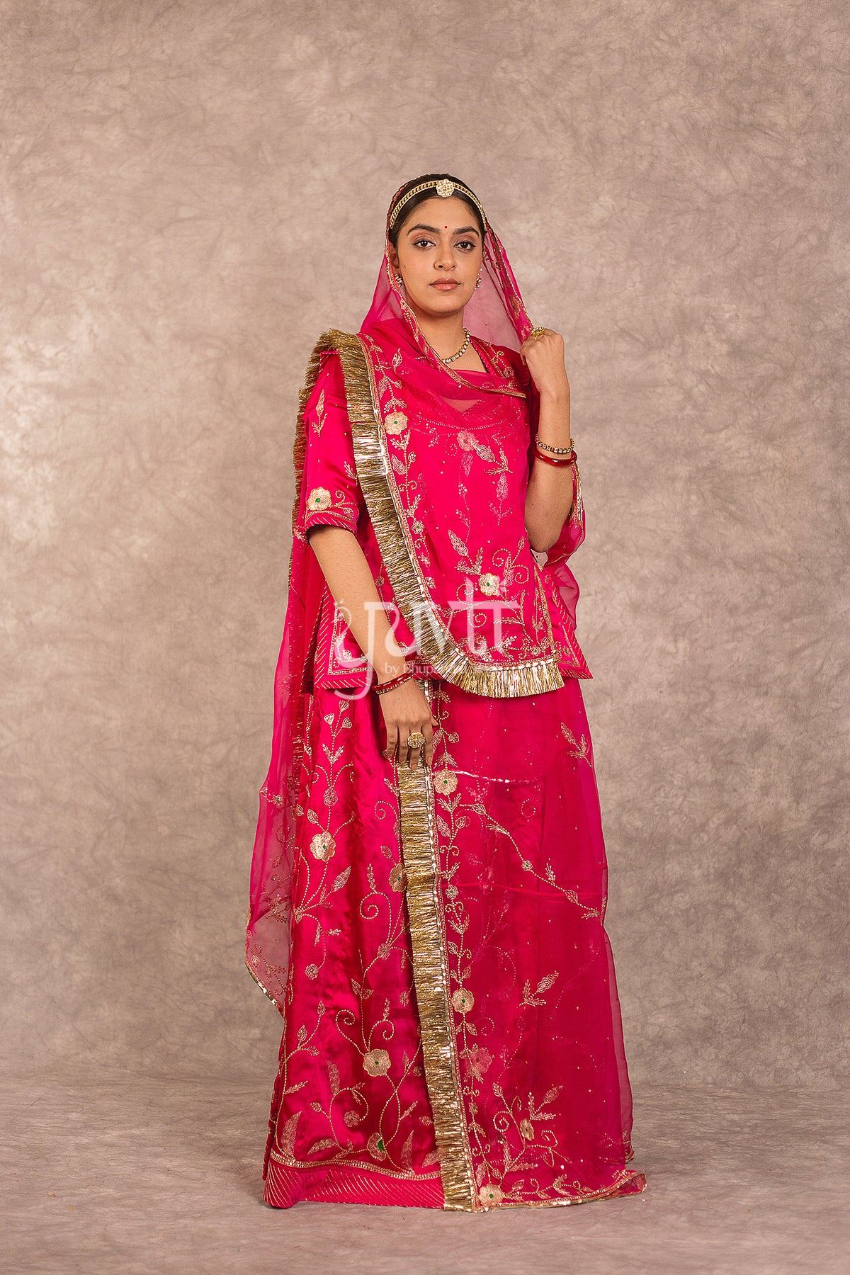 Raani pink Aari work Bamber Satin poshak