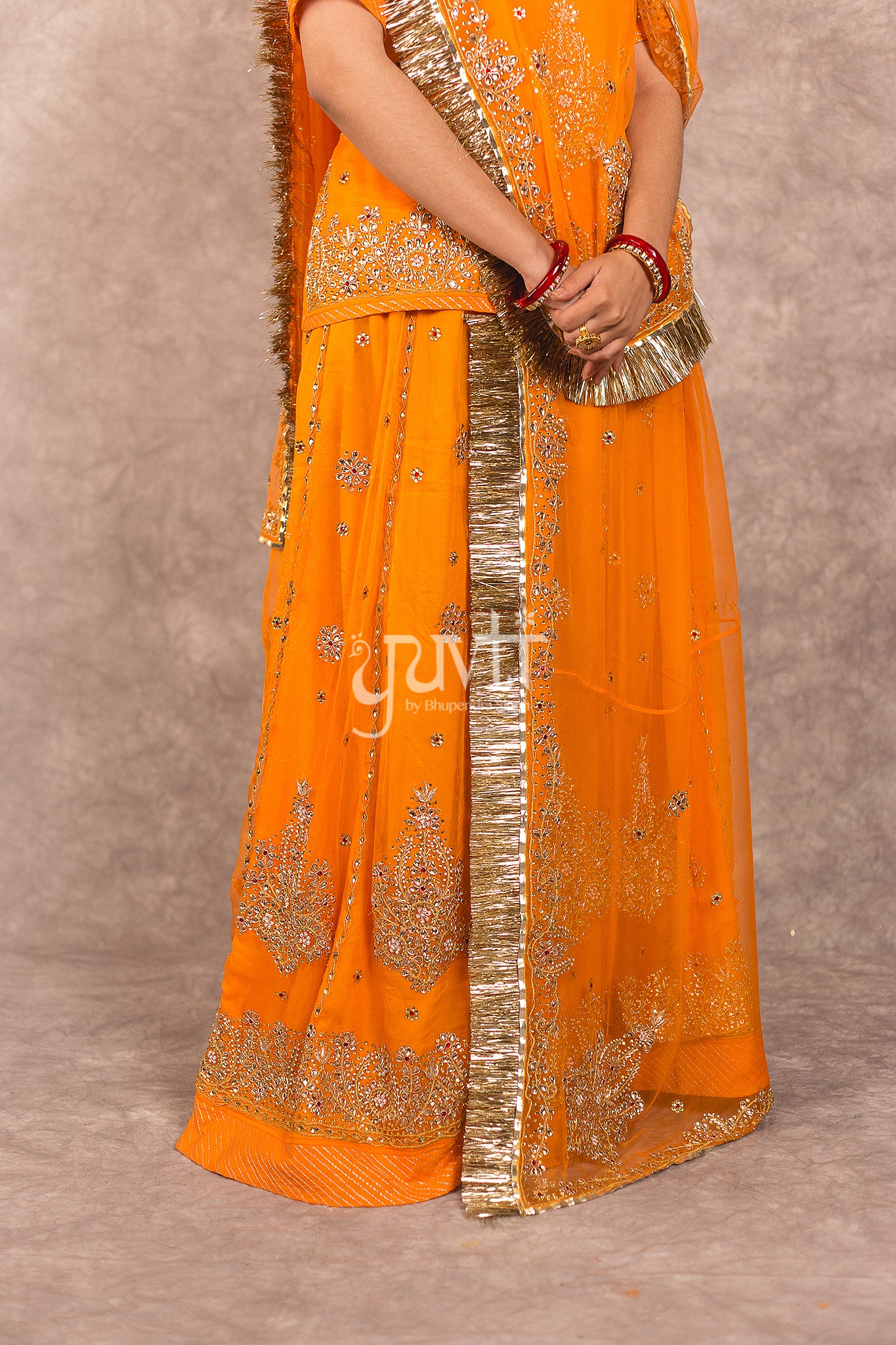 Orange Pure Georgette Kundan Dori Work Rajputi Poshak