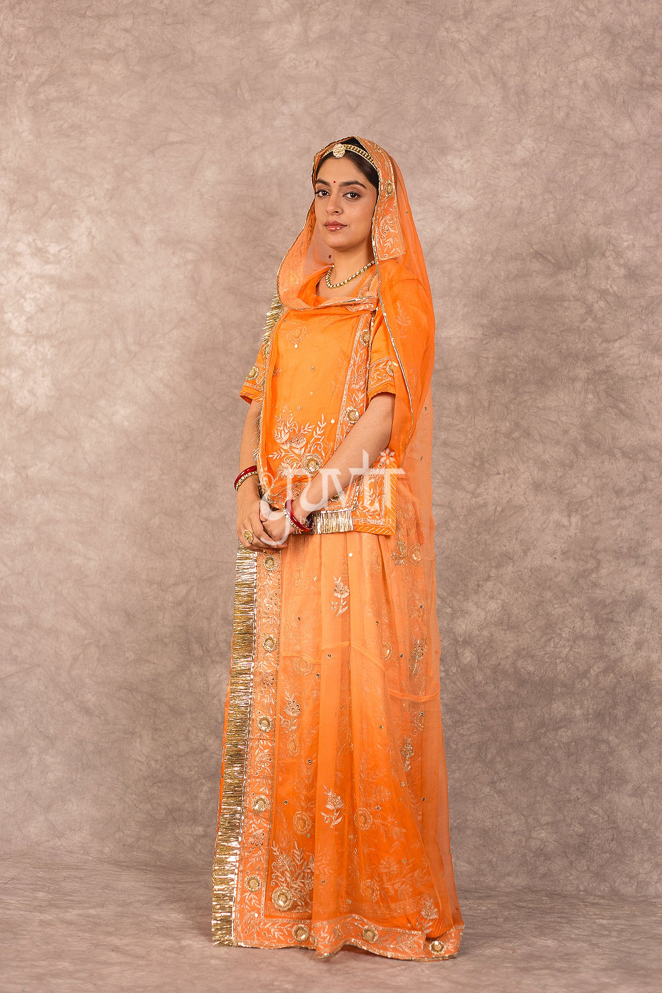 Orange Bamber Satin Aari Zardosi Workk Rajputi Poshak