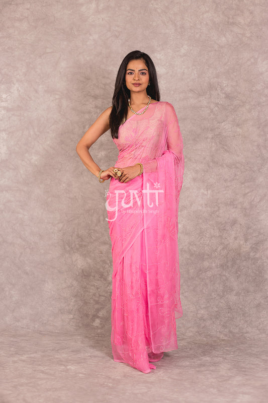 Pink Viscose Chiffon Resham Sequins work Saree