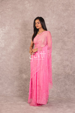 Pink Viscose Chiffon Resham Sequins work Saree