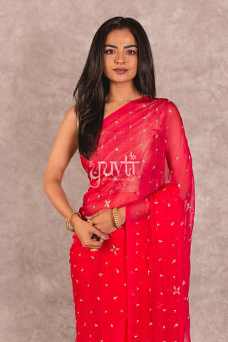 Red Viscose Chiffon Resham Kundan Work Saree