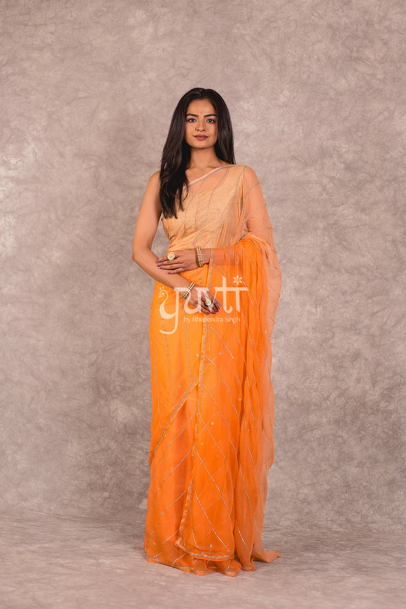 Orange Viscose Chiffon Katori Work Saree