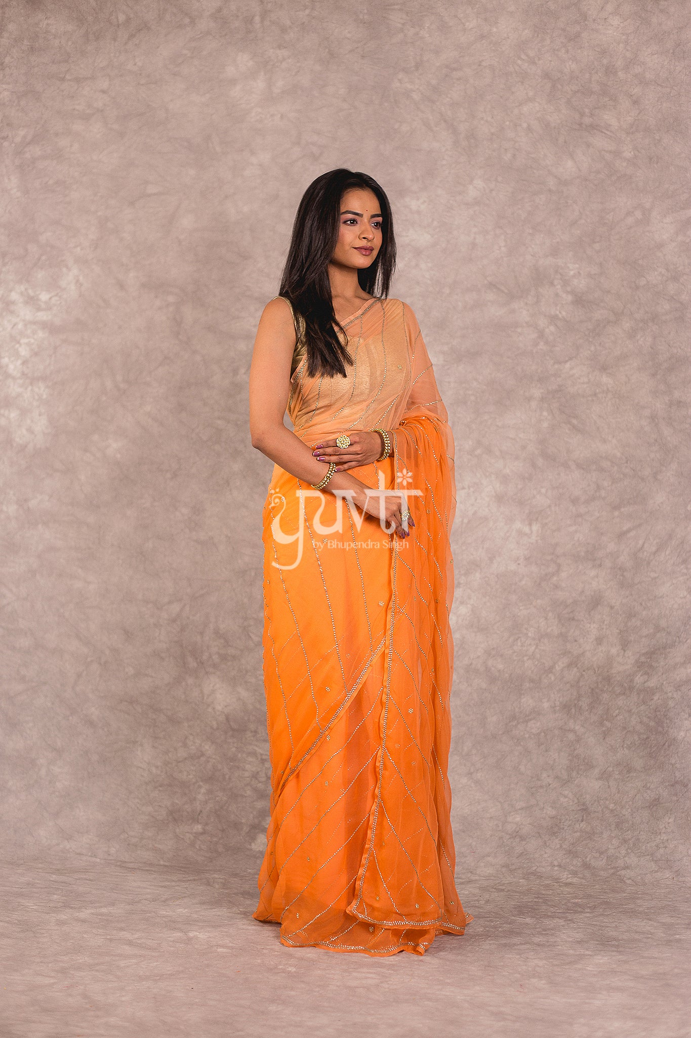 Orange Viscose Chiffon Katori Work Saree