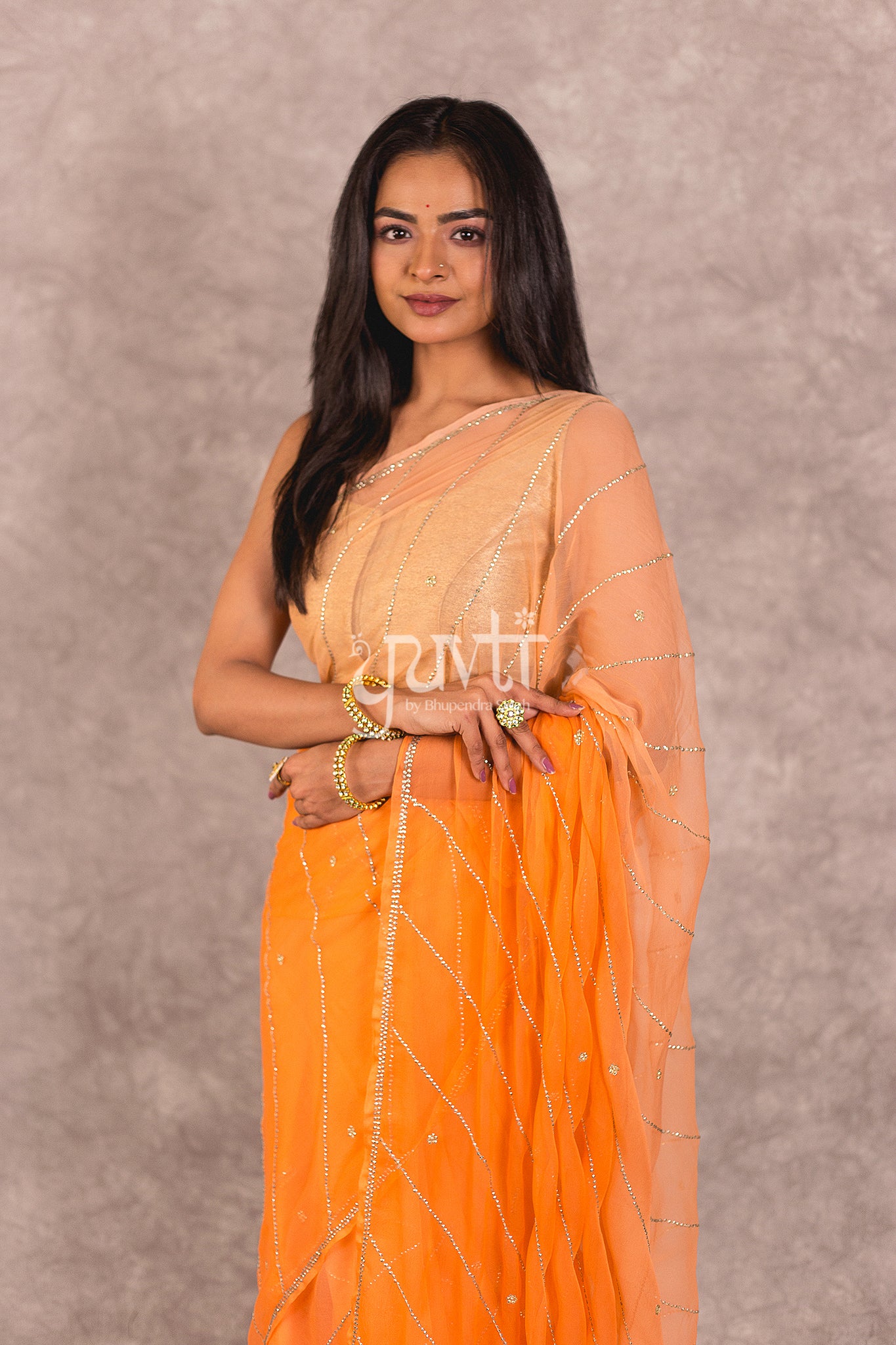 Orange Viscose Chiffon Katori Work Saree