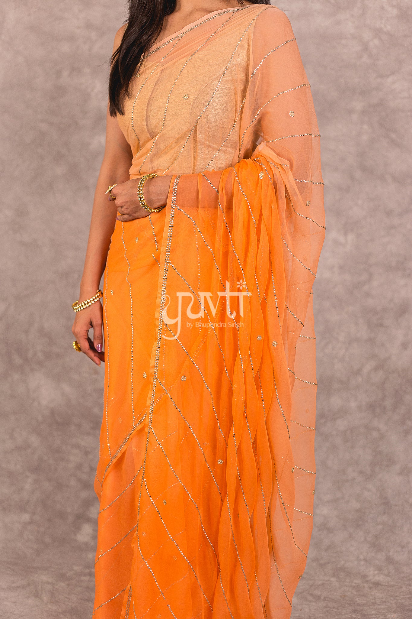 Orange Viscose Chiffon Katori Work Saree