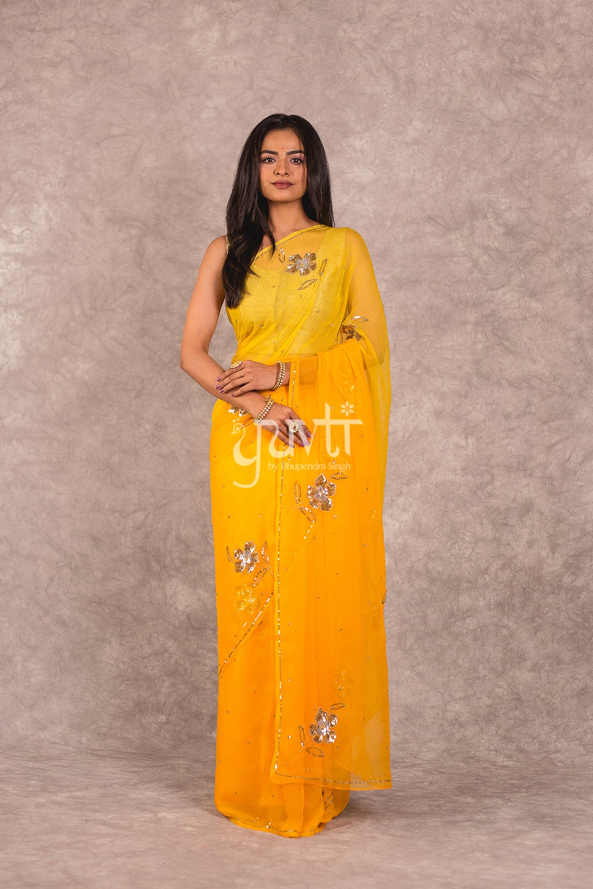 Yellow Viscose Chiffon Aari sequins work Saree