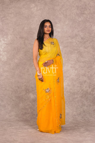 Yellow Viscose Chiffon Aari sequins work Saree