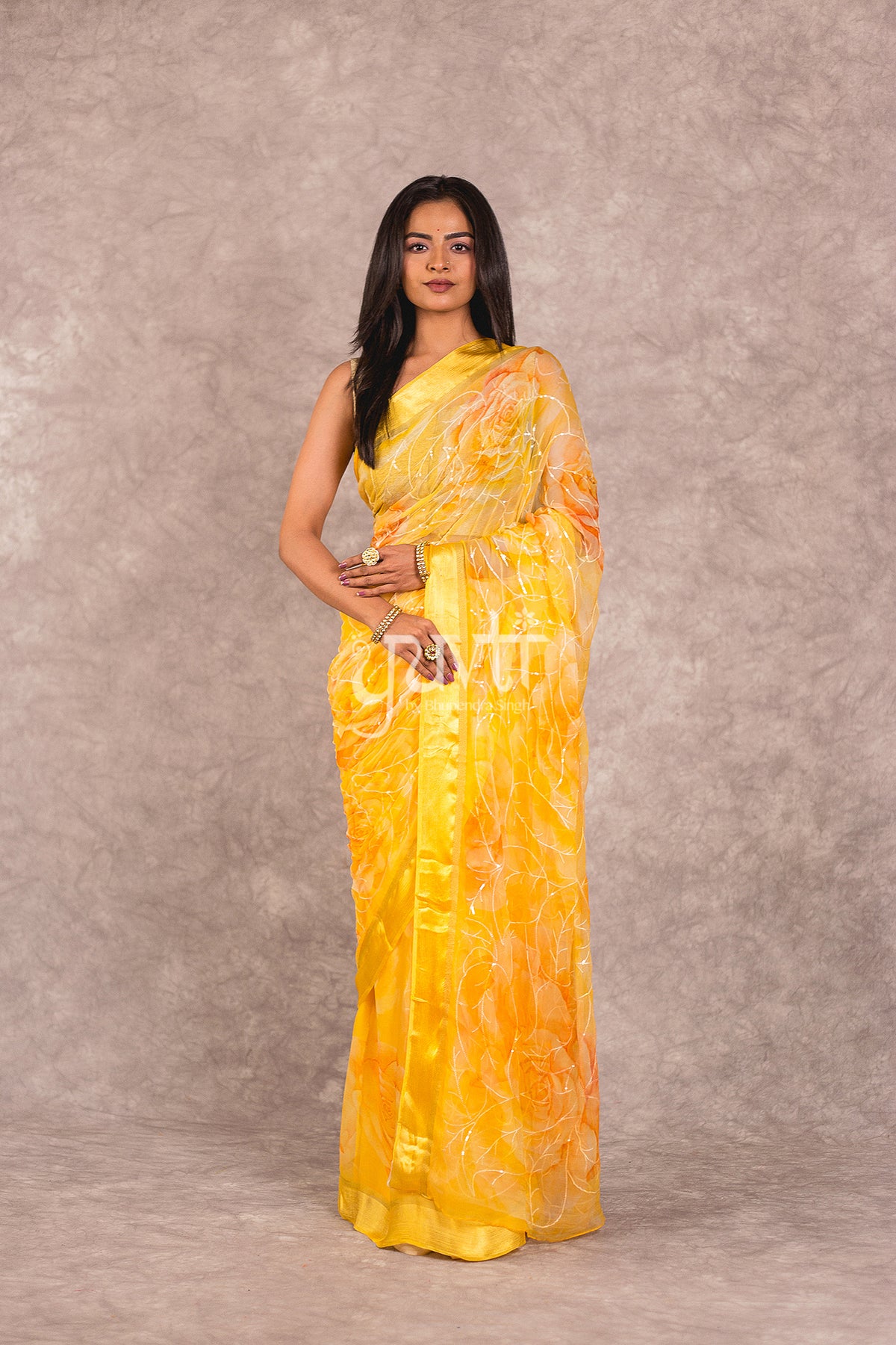 Yellow Viscose Chiffon Resham sequins work Saree