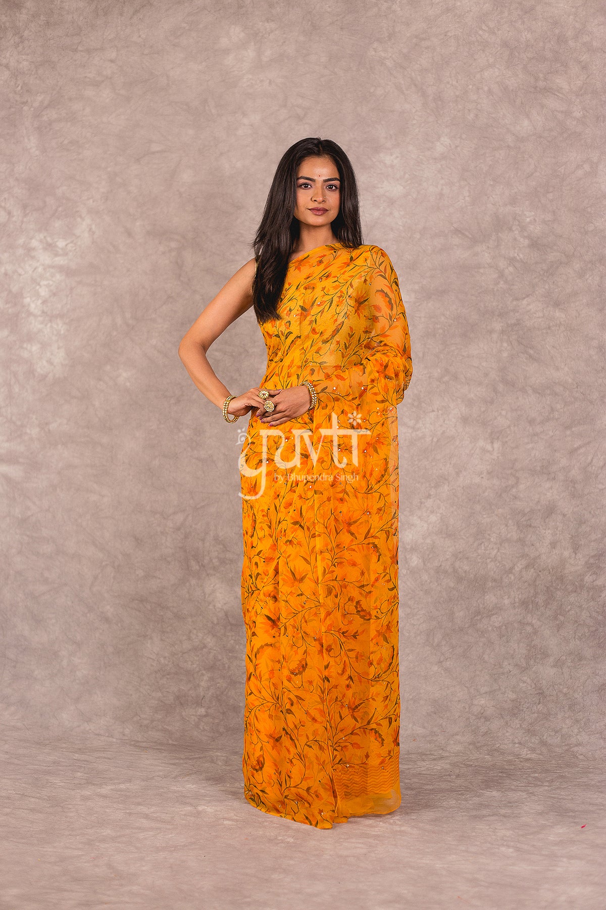 Yellow Viscose Chiffon Printed Saree