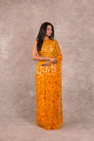 Yellow Viscose Chiffon Printed Saree