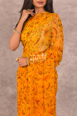 Yellow Viscose Chiffon Printed Saree