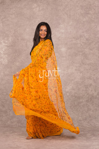 Yellow Viscose Chiffon Printed Saree