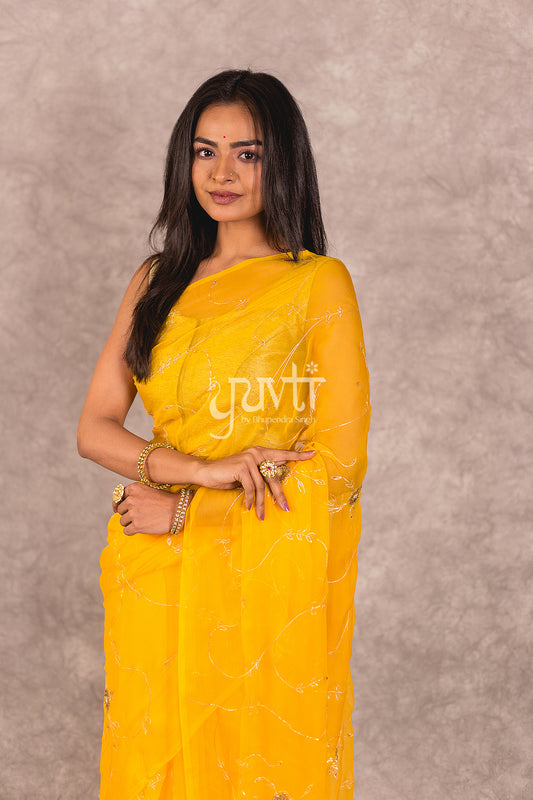 Yellow Viscose Chiffon Aari sequins work Saree