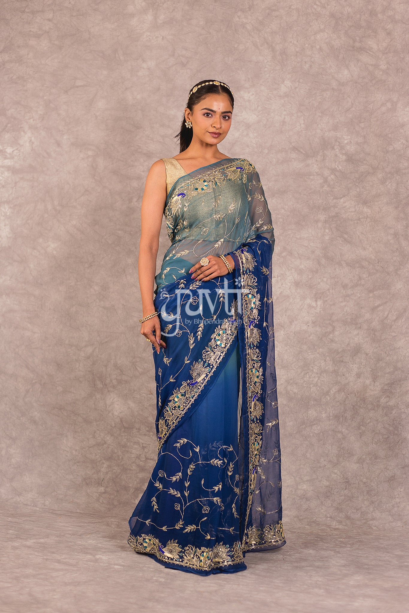 Blue Shaded Viscose Chiffon Zari Work Saree