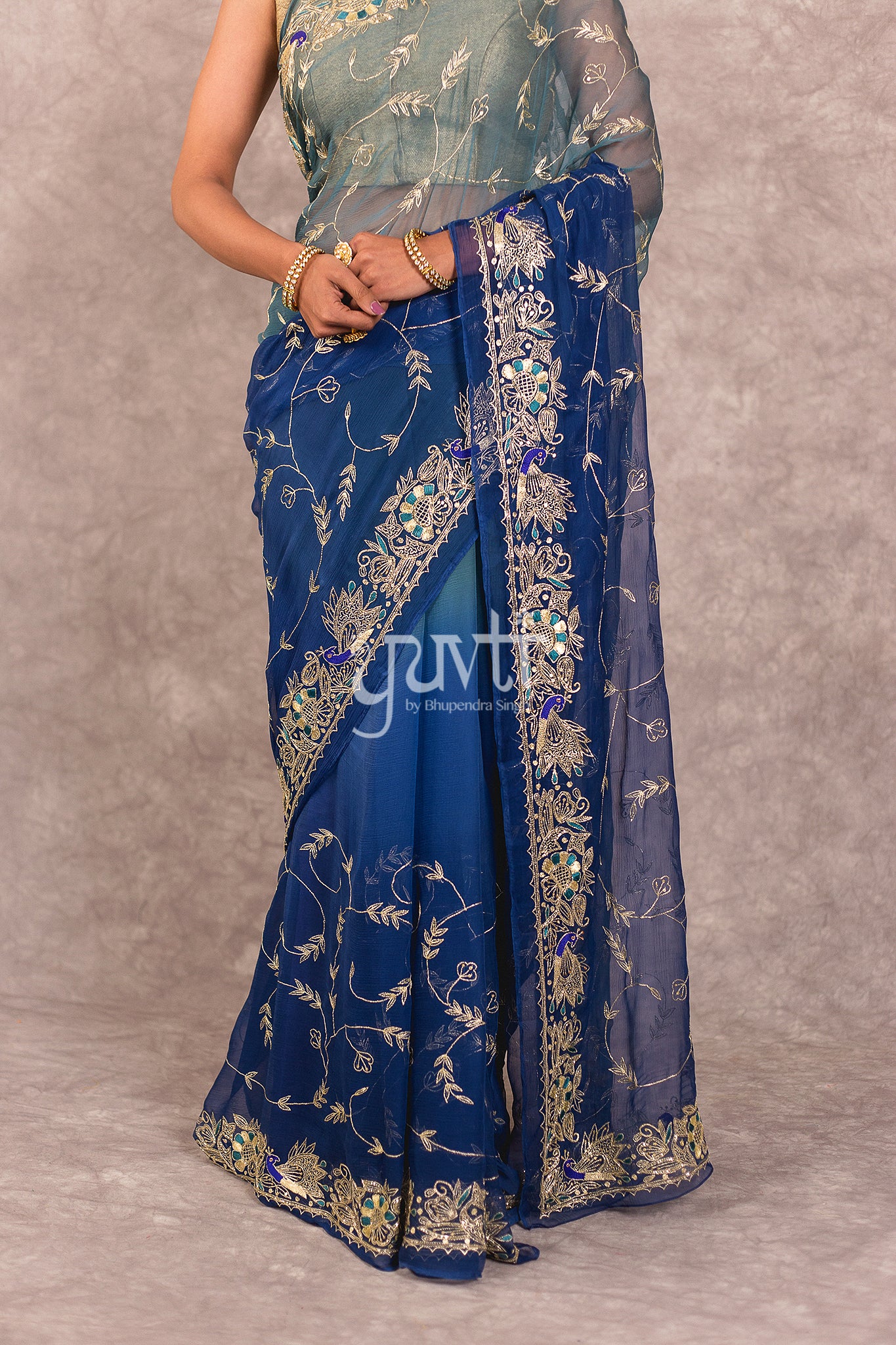 Blue Shaded Viscose Chiffon Zari Work Saree