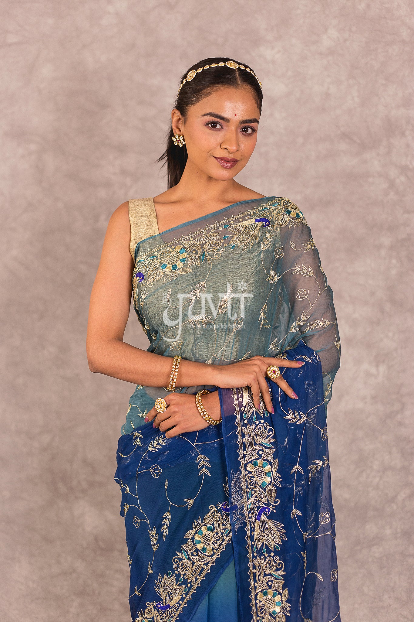 Blue Shaded Viscose Chiffon Zari Work Saree