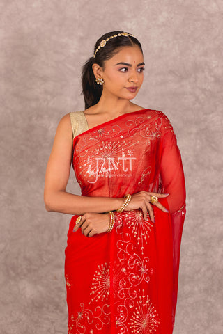 Red Viscose Chiffon Aari Resham work Saree