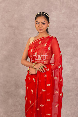 Red Viscose Chifffon Aari work Saree