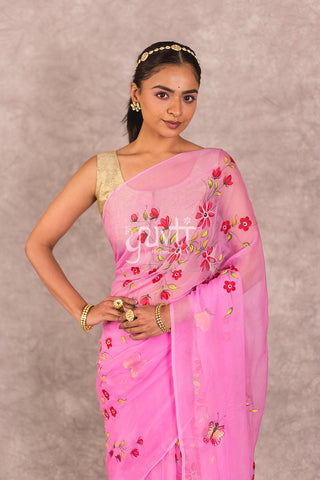 Pink Viscose Chiiffon Handpainted Saree