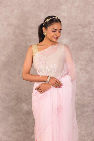 Pink Viscose Chiffon Kardhana work Saree