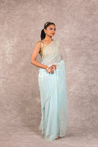 Sky blue Viscose Chiffon Kardhana work Saree