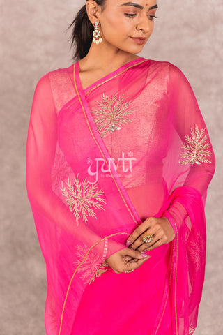 Pink Viscose Chiffon Aari sequins work Saree