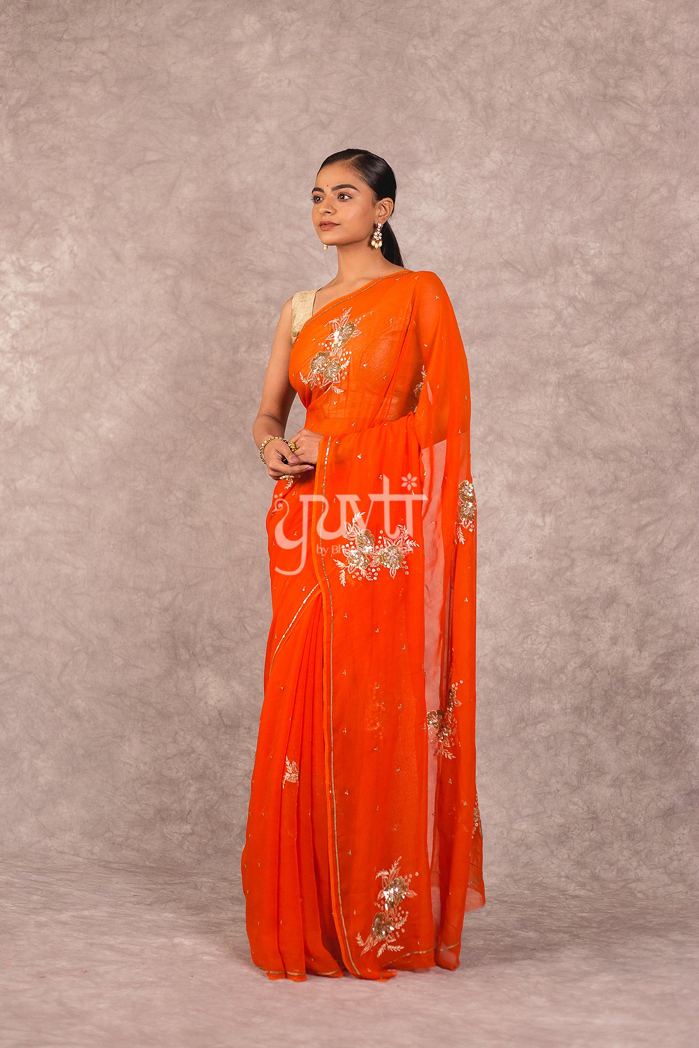 Orange Viscose Chiffon Sequins Work Saree