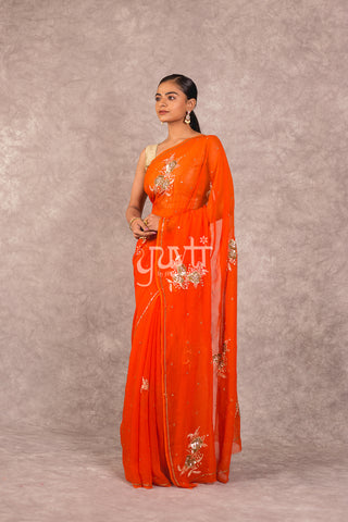 Orange Viscose Chiffon Sequins work Saree