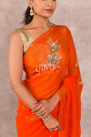 Orange Viscose Chiffon Sequins work Saree