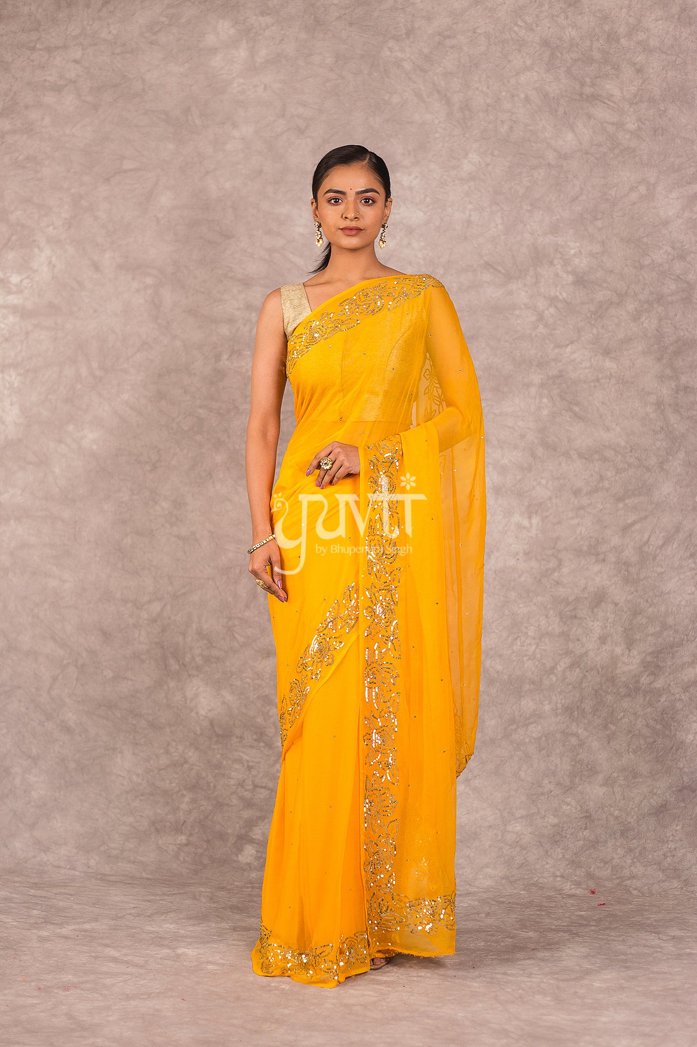 Yellow Viscose Chiffon Sequins Work Saree