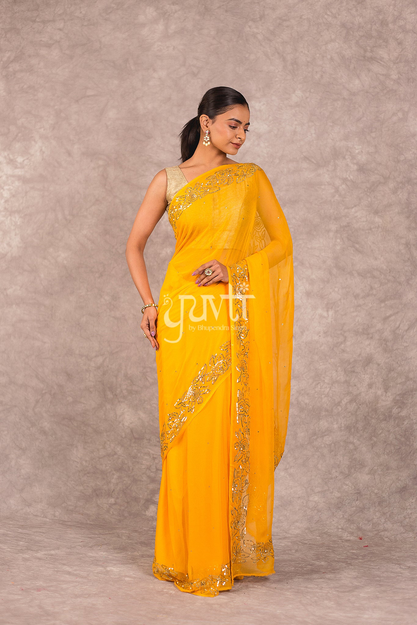 Yellow Viscose Chiffon Sequins Work Saree